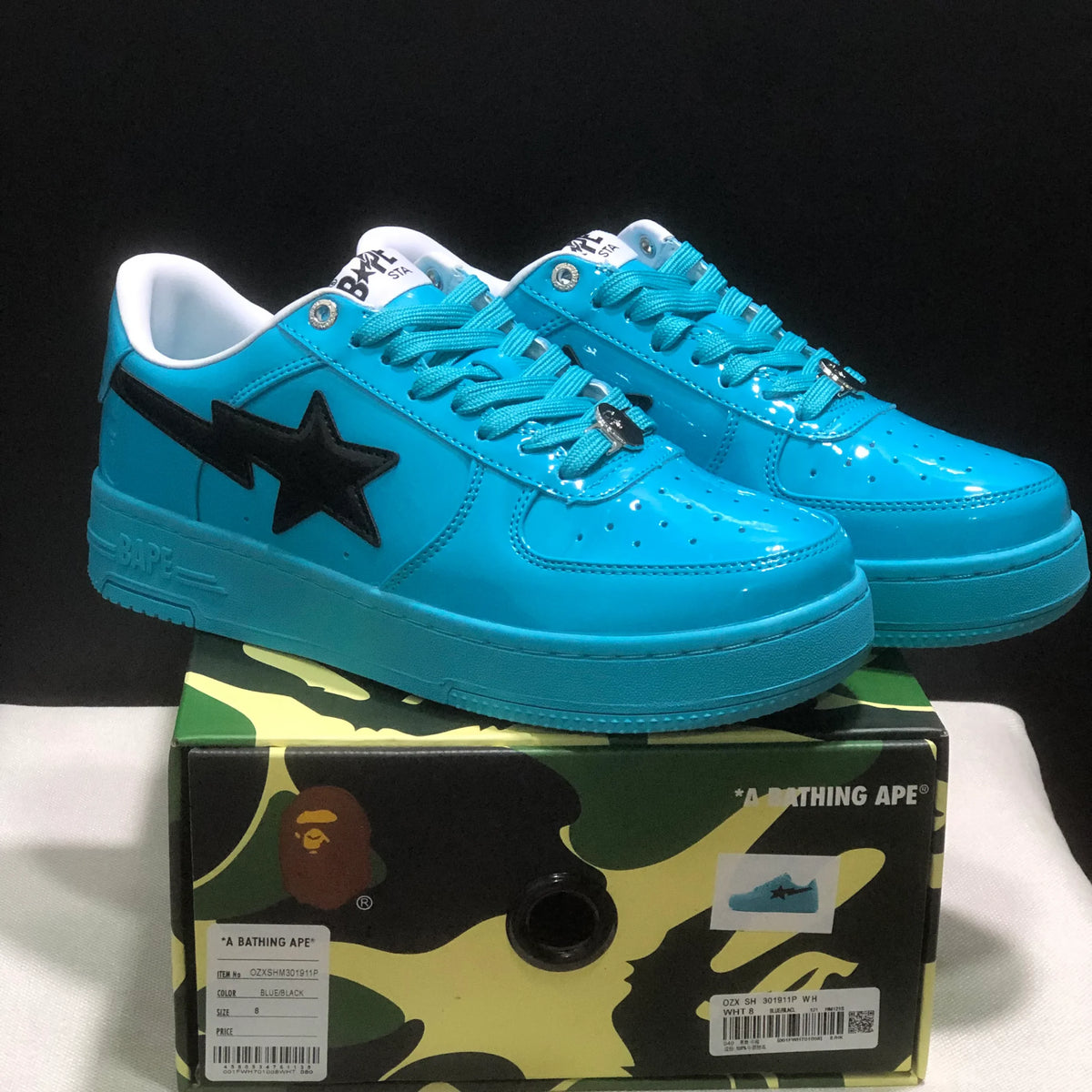 A Bathing Ape Bape Sta #1 Turquoise Blue Black Patent Leather Shoes Sneakers - nk0005515 image 9
