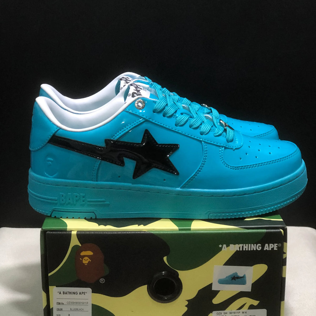 A Bathing Ape Bape Sta #1 Turquoise Blue Black Patent Leather Shoes Sneakers - nk0005515 image 2